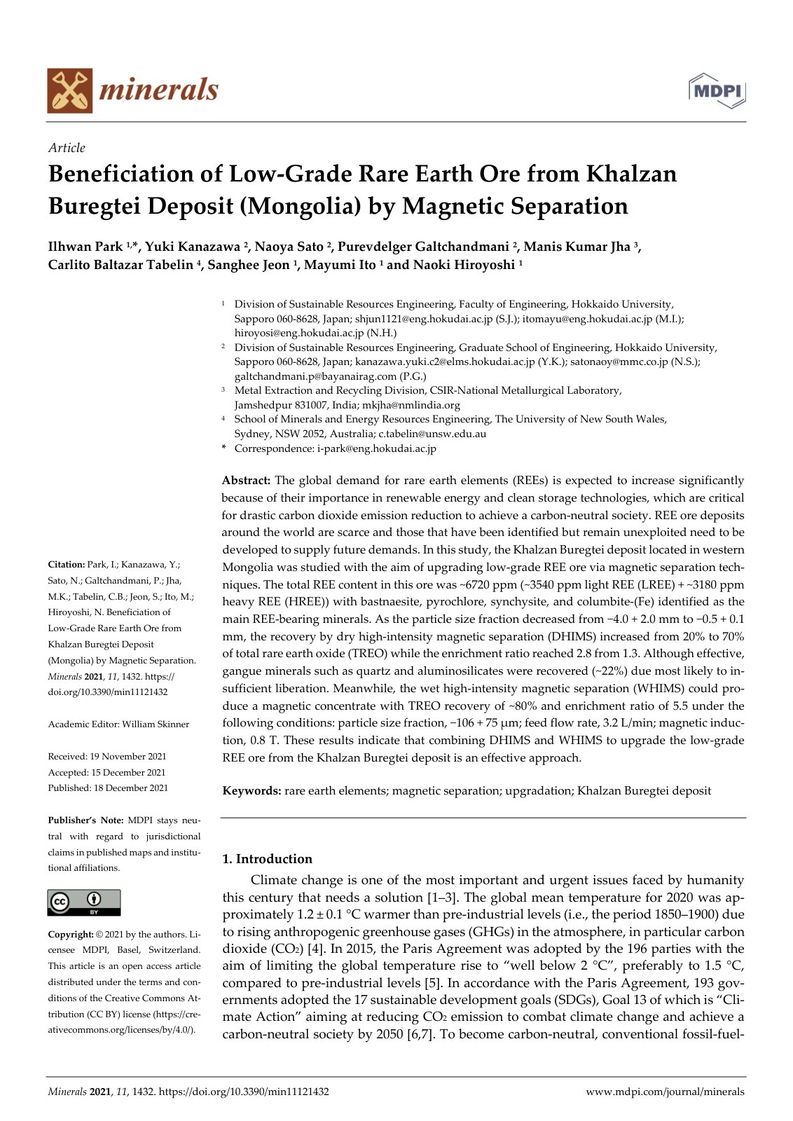 First page of Beneficiation of Low‐Grade Rare Earth Ore from Khalzan Buregtei Deposit (Mongolia) by Magnetic Separation