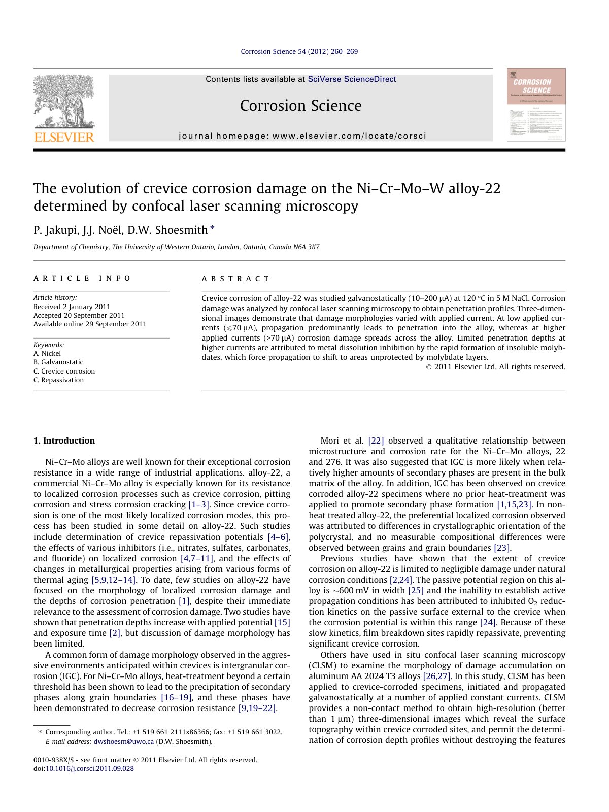First page of The evolution of crevice corrosion damage on the Ni–Cr–Mo–W alloy-22 determined by confocal laser scanning microscopy