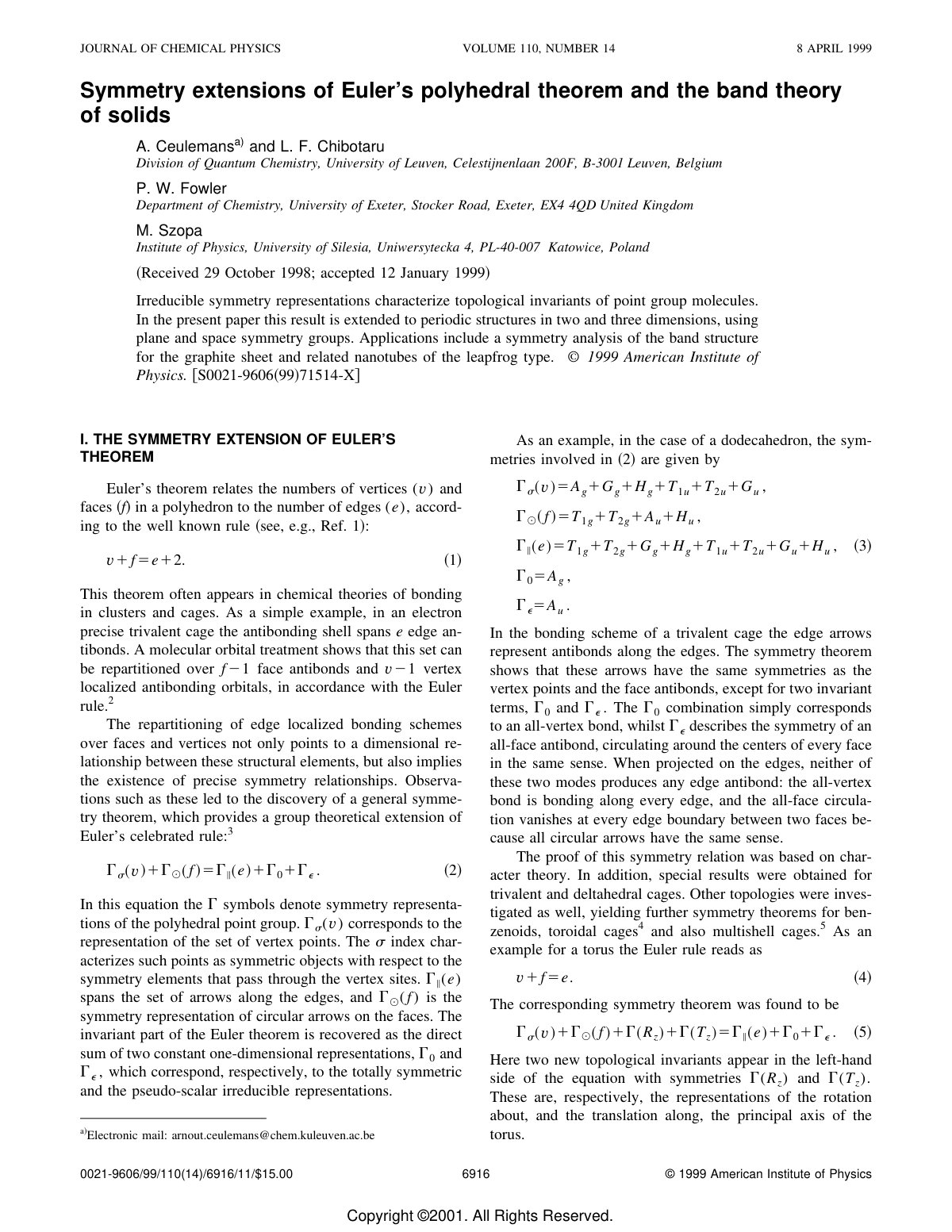 First page of Symmetry extensions of Euler’s polyhedral theorem and the band theory of solids