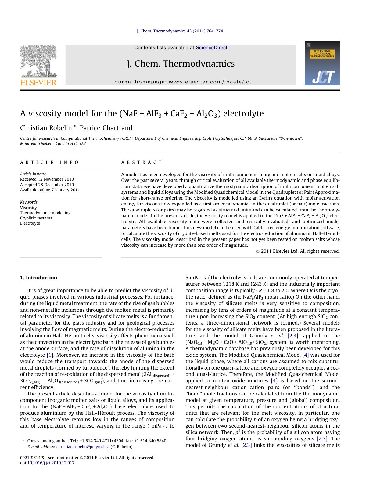 First page of A viscosity model for the NaF AlF3 CaF2