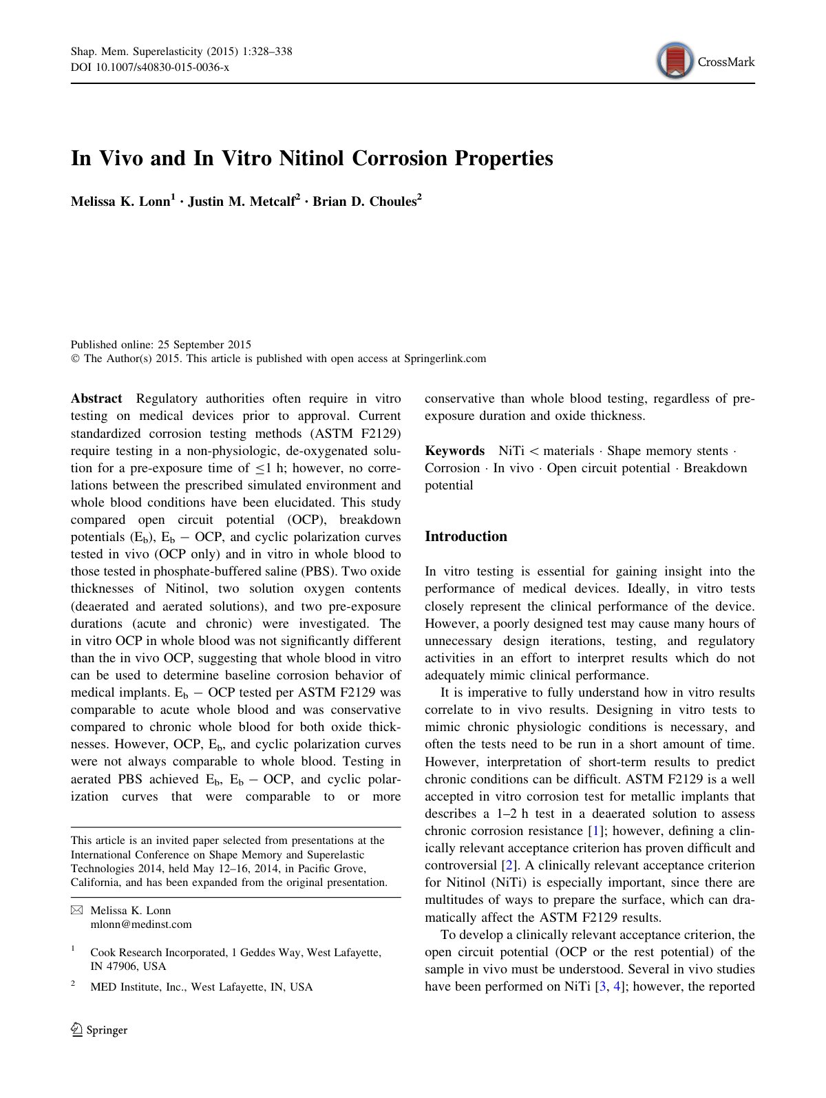 First page of In Vivo and In Vitro Nitinol Corrosion Properties