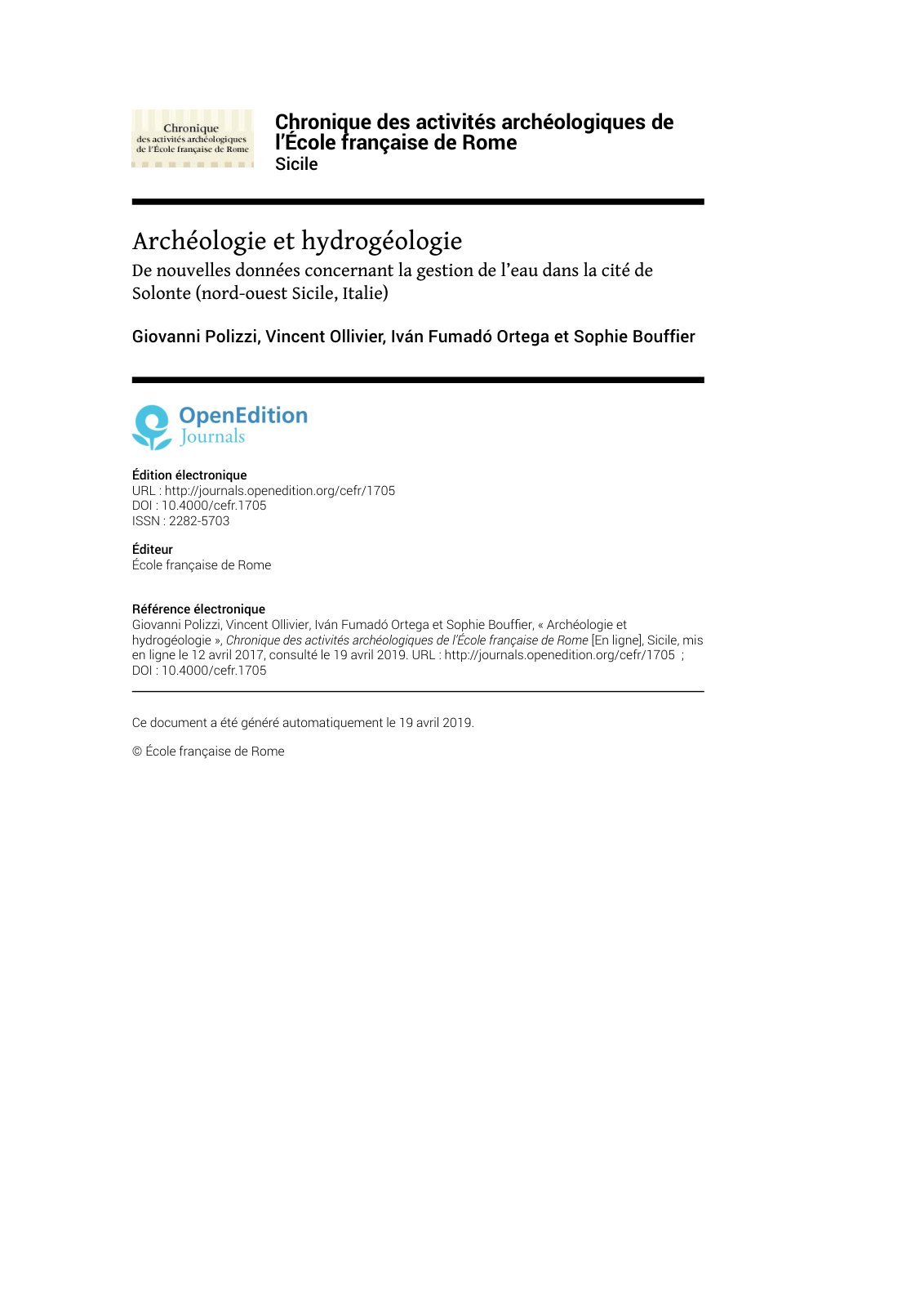 First page of Archeologie et hydrogeologie