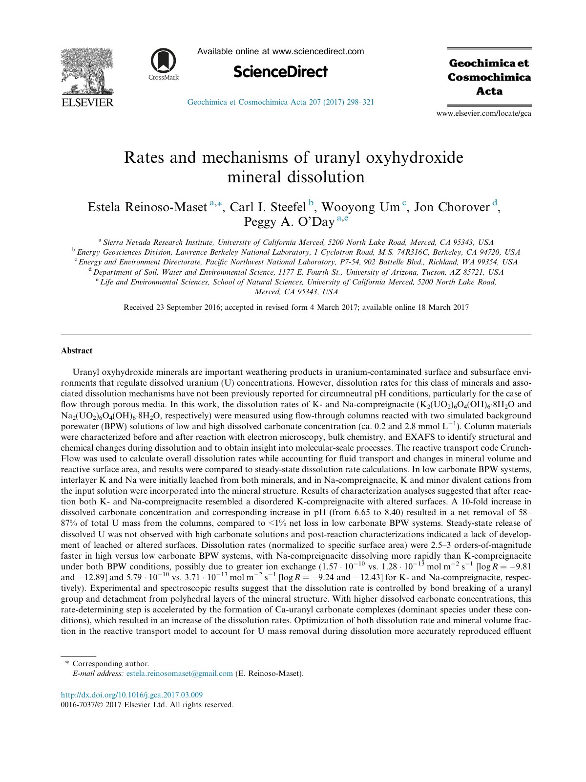 First page of Rates and mechanisms of uranyl oxyhydroxide mineral dissolution