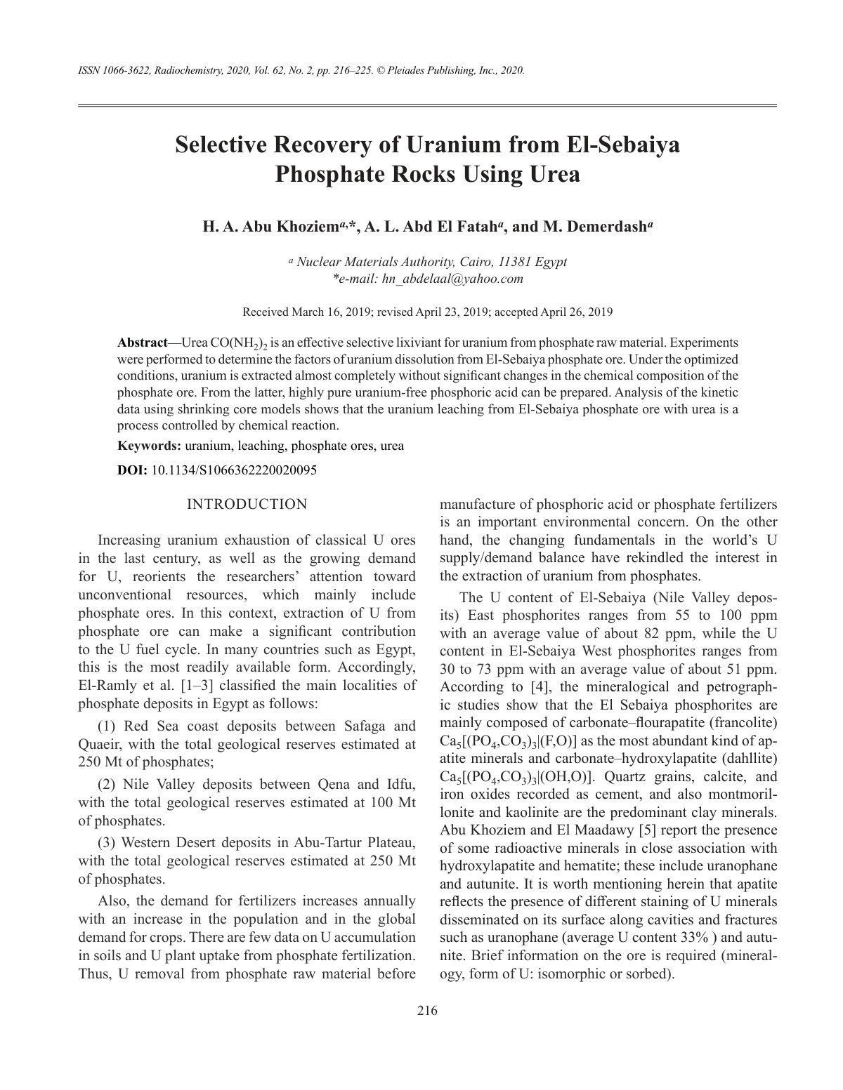 First page of Selective Recovery of Uranium from El-Sebaiya Phosphate Rocks Using Urea