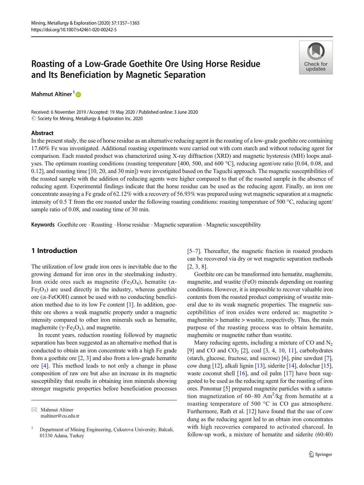 First page of Roasting of a Low-Grade Goethite Ore Using Horse Residue and Its Beneficiation by Magnetic Separation