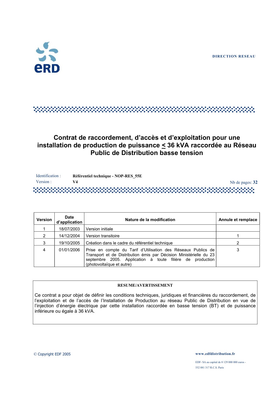 First page of Contrat de raccordement, d’accès et d’exploitation pour une installation de production de puissance < 36 kVA raccordée au Réseau Public de Distribution basse tension