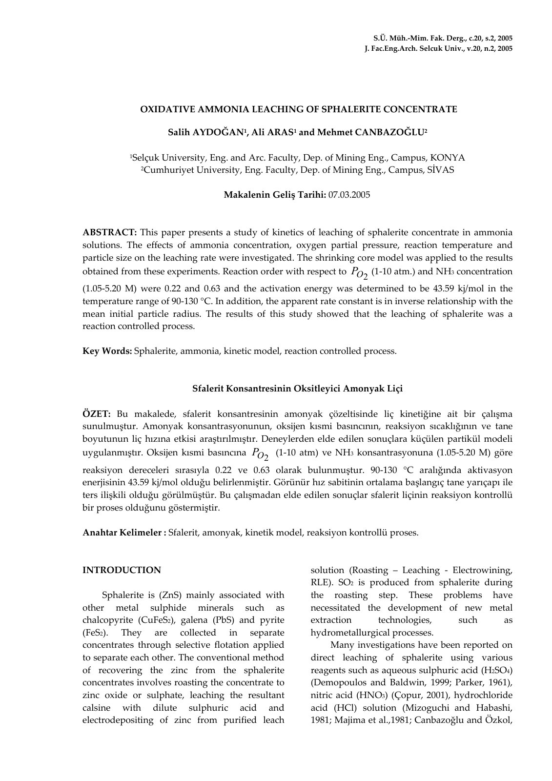 First page of Oxidative Ammonia Leaching of Sphalerite