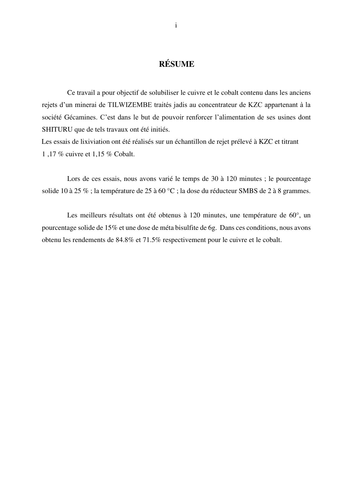 First page of Etudes de la solubilisation du cuivre et cobalt contenu dans les anciens rejets de concentration des minerais de Tilwezembe à KZC