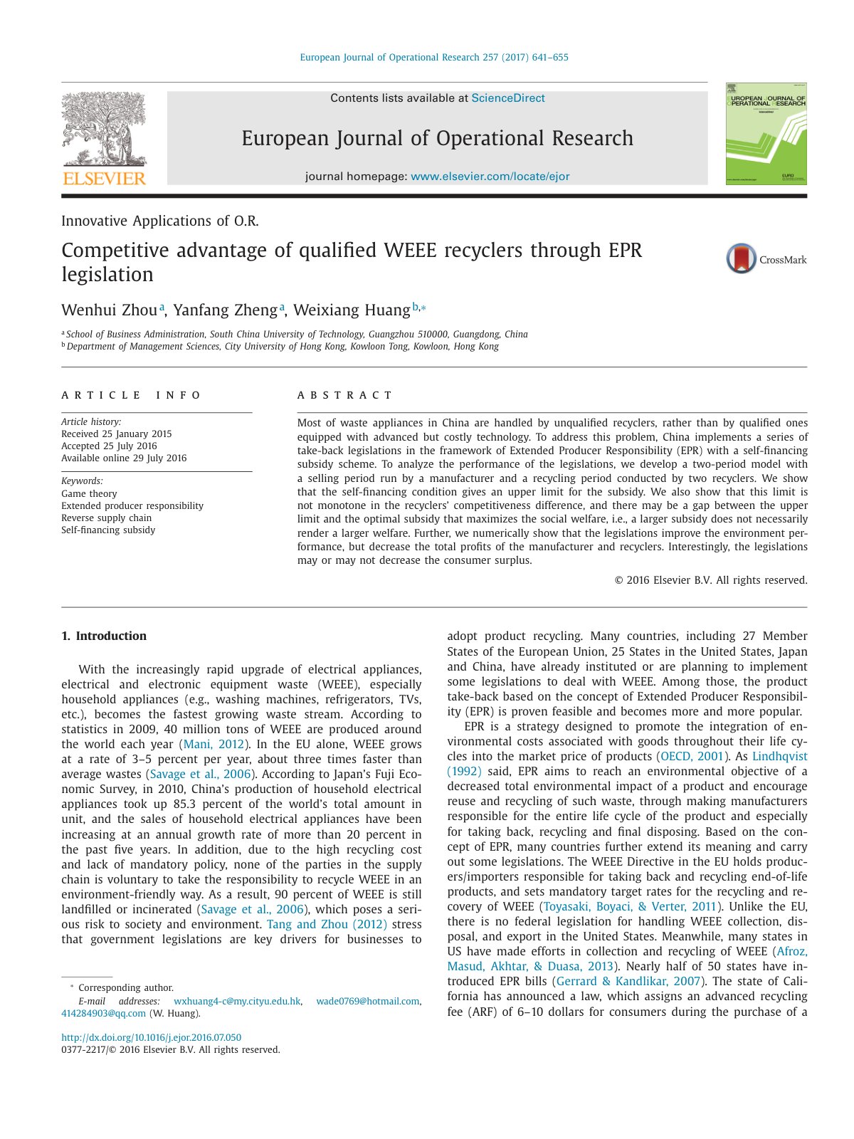 First page of Competitive advantage of qualified WEEE recycl 2017 European Journal of Oper