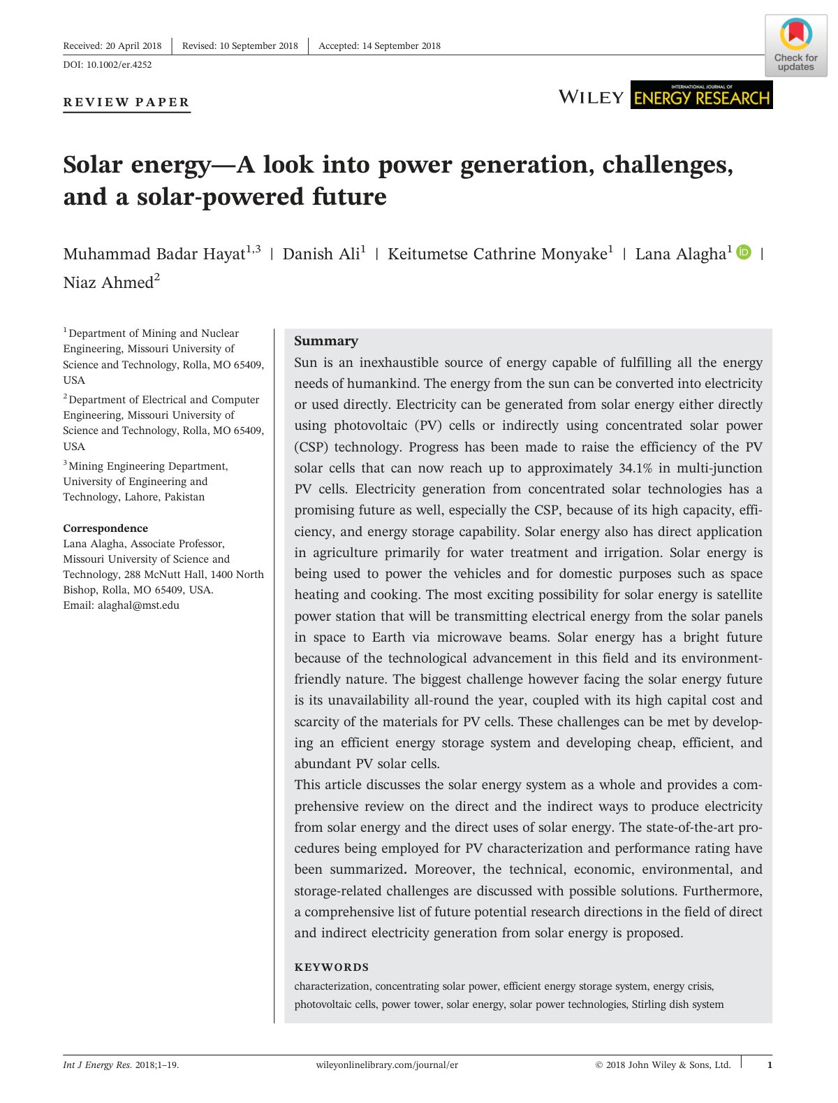 First page of Solar energy—A look into power generation, challenges, and a solar‐powered future