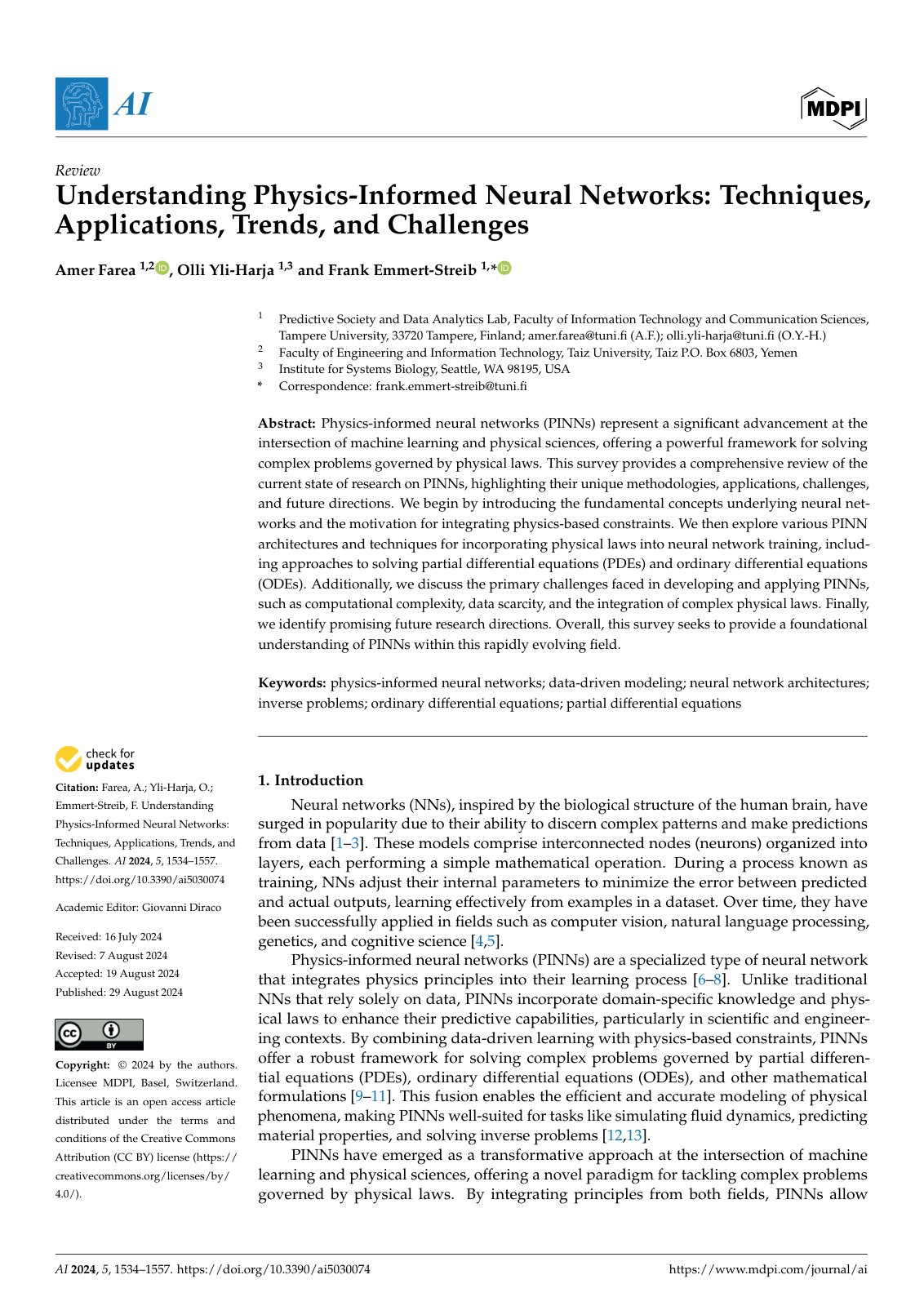 First page of Understanding Physics-Informed Neural Networks: Techniques, Applications, Trends, and Challenges