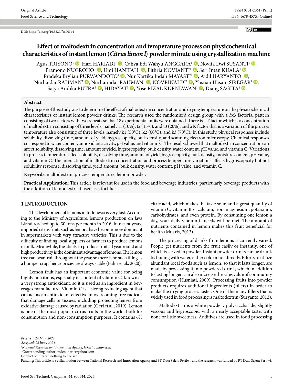 First page of Effect of maltodextrin concentration and temperature process on physicochemical characteristics of instant lemon (Citrus limon l) powder minute using crystallization machine