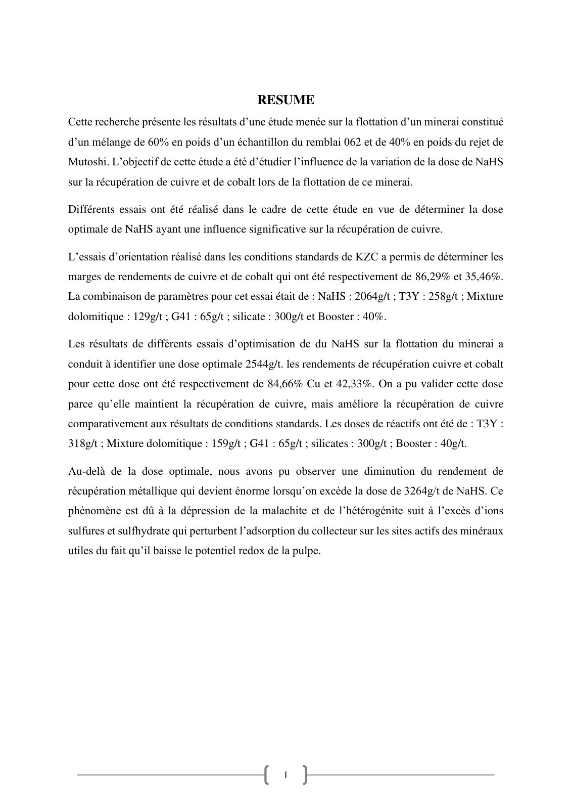First page of Influence de la variation de la dose de NaHS sur la récupération de cuivre et de cobalt lors de la flottation d'un minerai