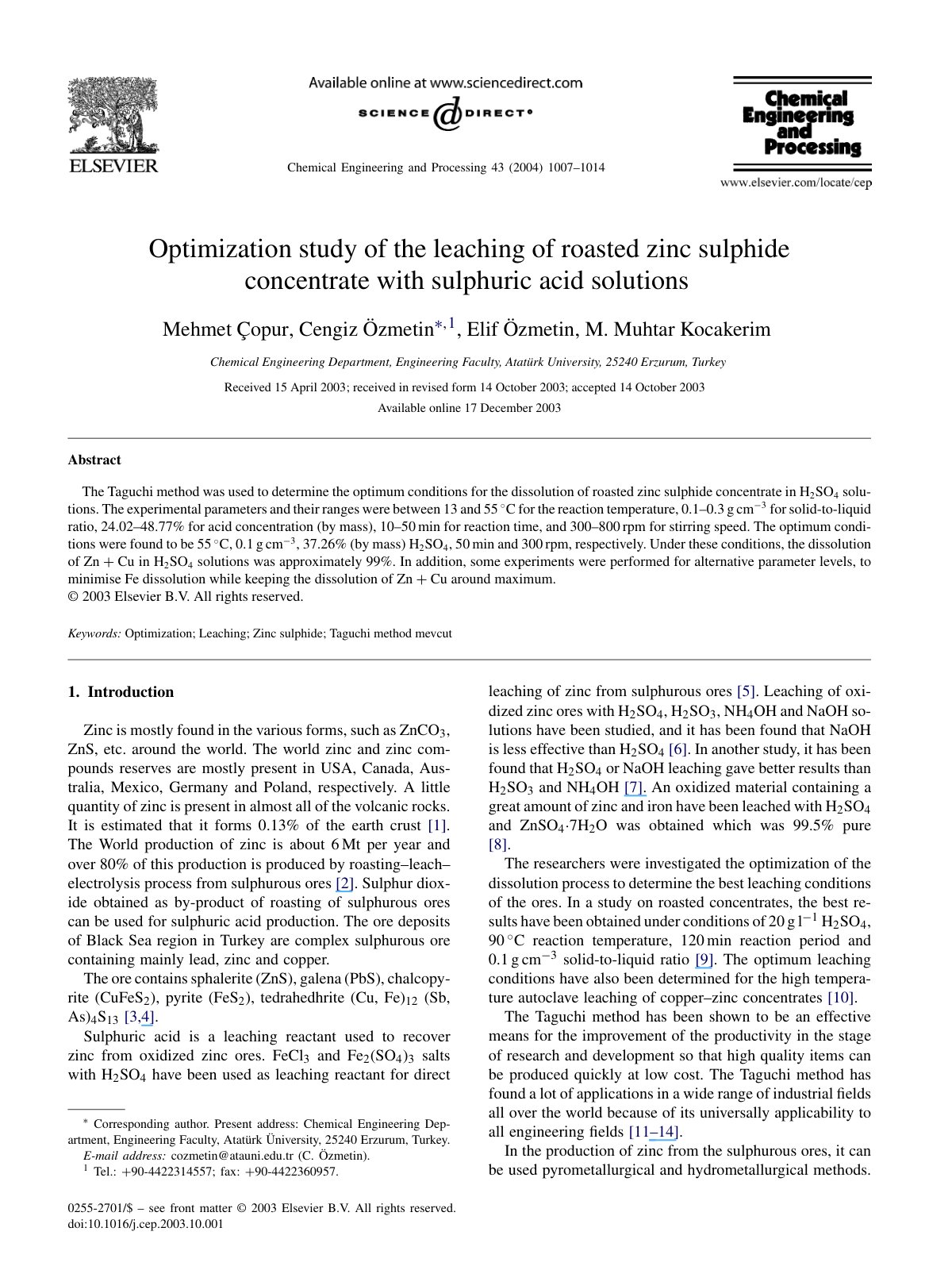 First page of Optimization study of the leaching of roasted zinc sulphide concentrate with sulphuric acid solutions