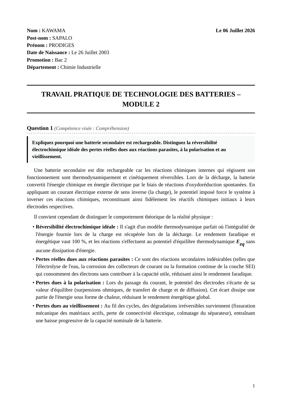 First page of TRA V AIL PRATIQUE DE TECHNOLOGIE DES BATTERIES – MODULE 2