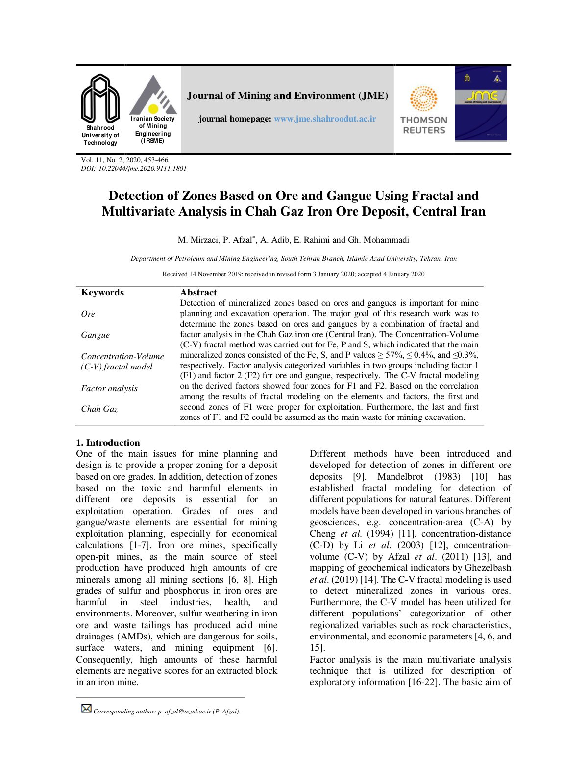 First page of Detection of Zones Based on Ore and Gangue Using Fractal and Multivariate Analysis in Chah Gaz Iron Ore Deposit, Central Iran