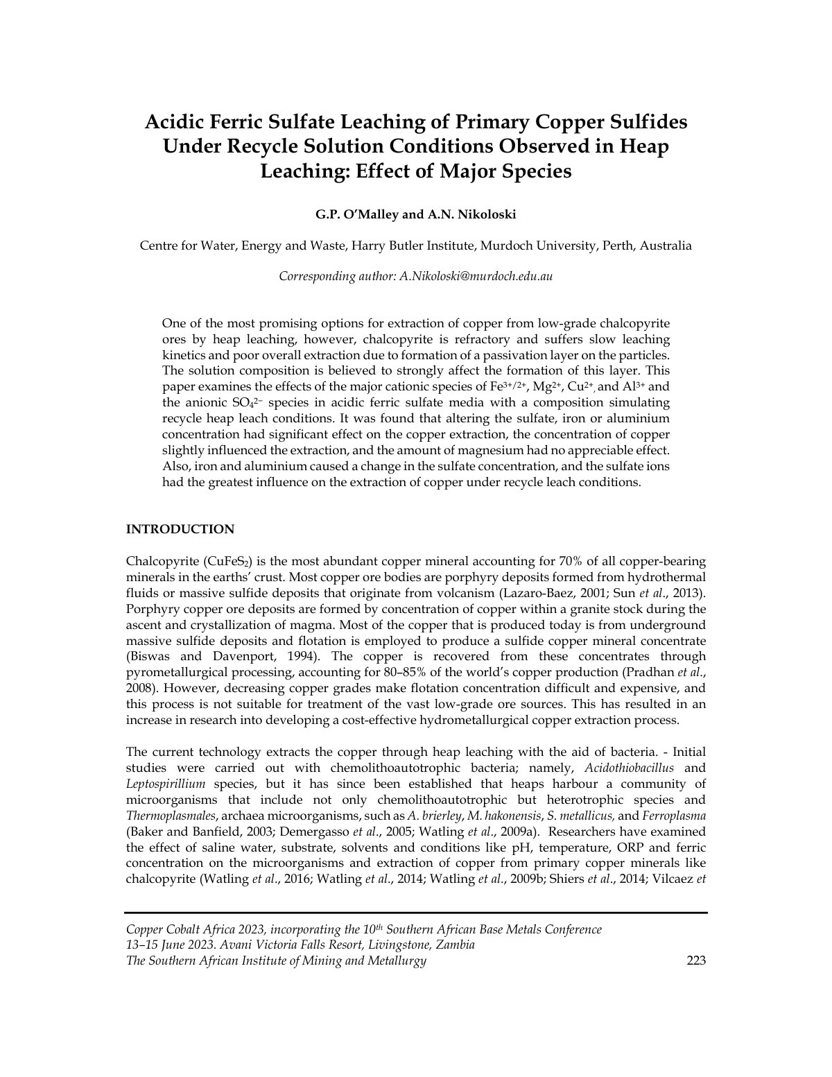 First page of Acidic Ferric Sulfate Leaching of Primary Copper Sulfides Under Recycle Solution Conditions Observed in Heap Leaching: Effect of Major Species