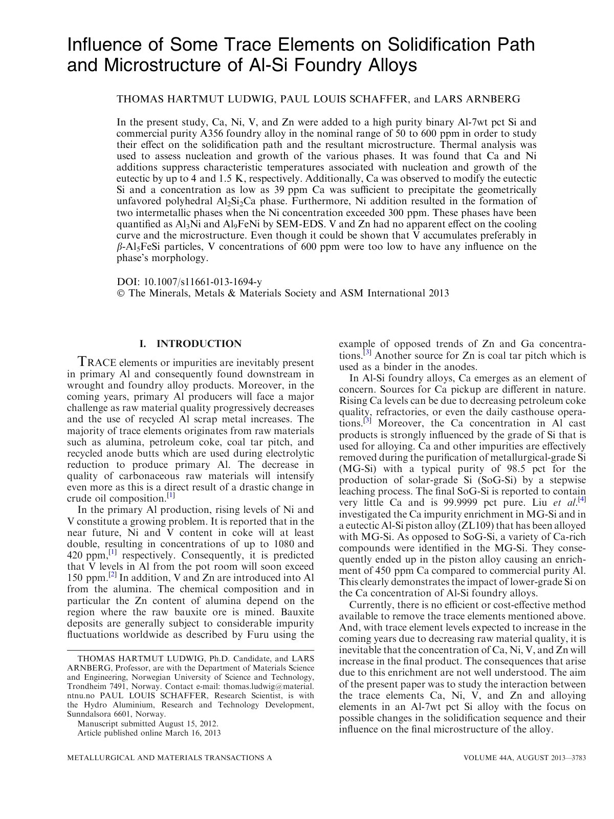 First page of Inﬂuence of Some Trace Elements on Solidiﬁcation Path and Microstructure of Al-Si Foundry Alloys