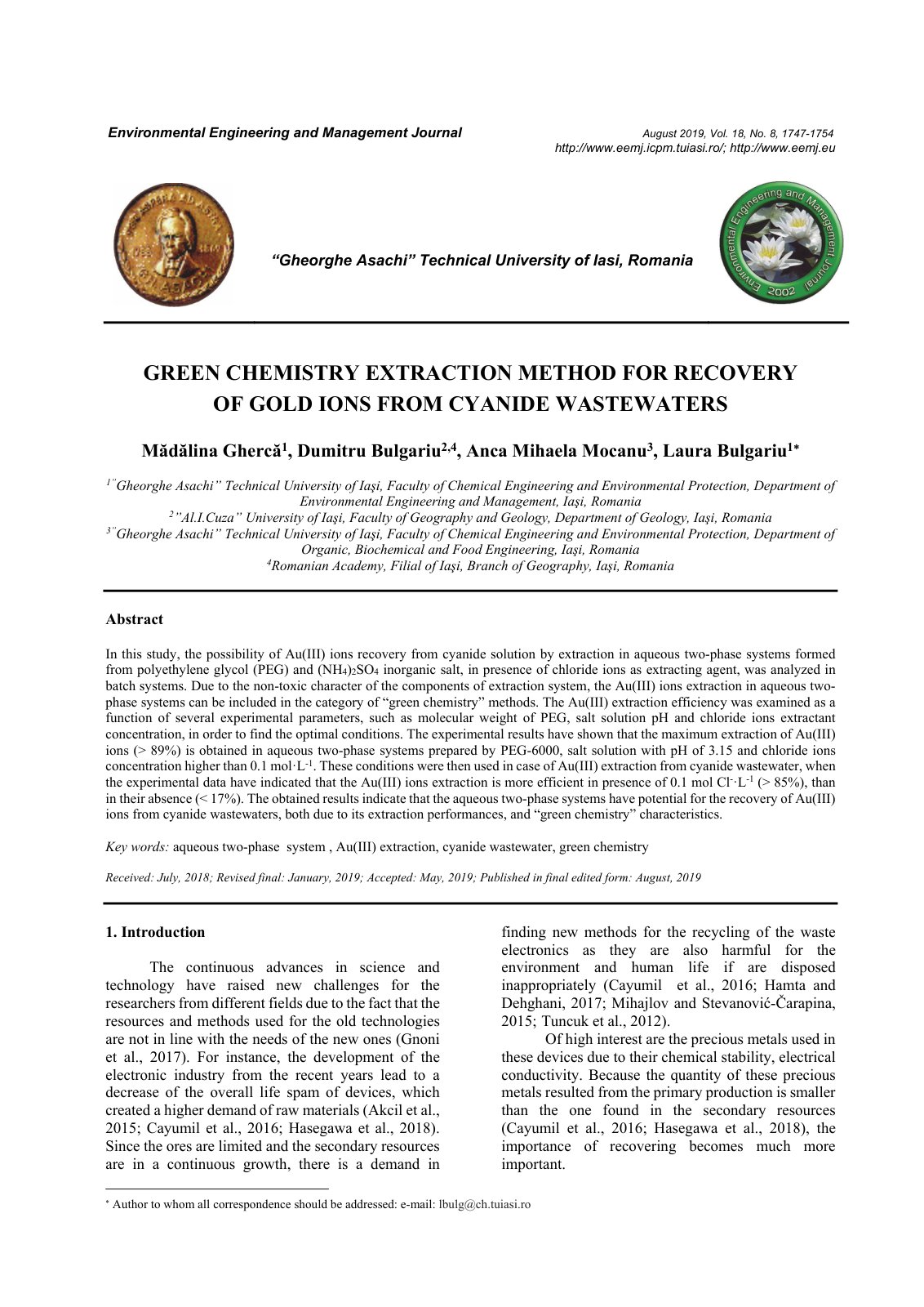 First page of Green Chemistry Extraction Method for Re