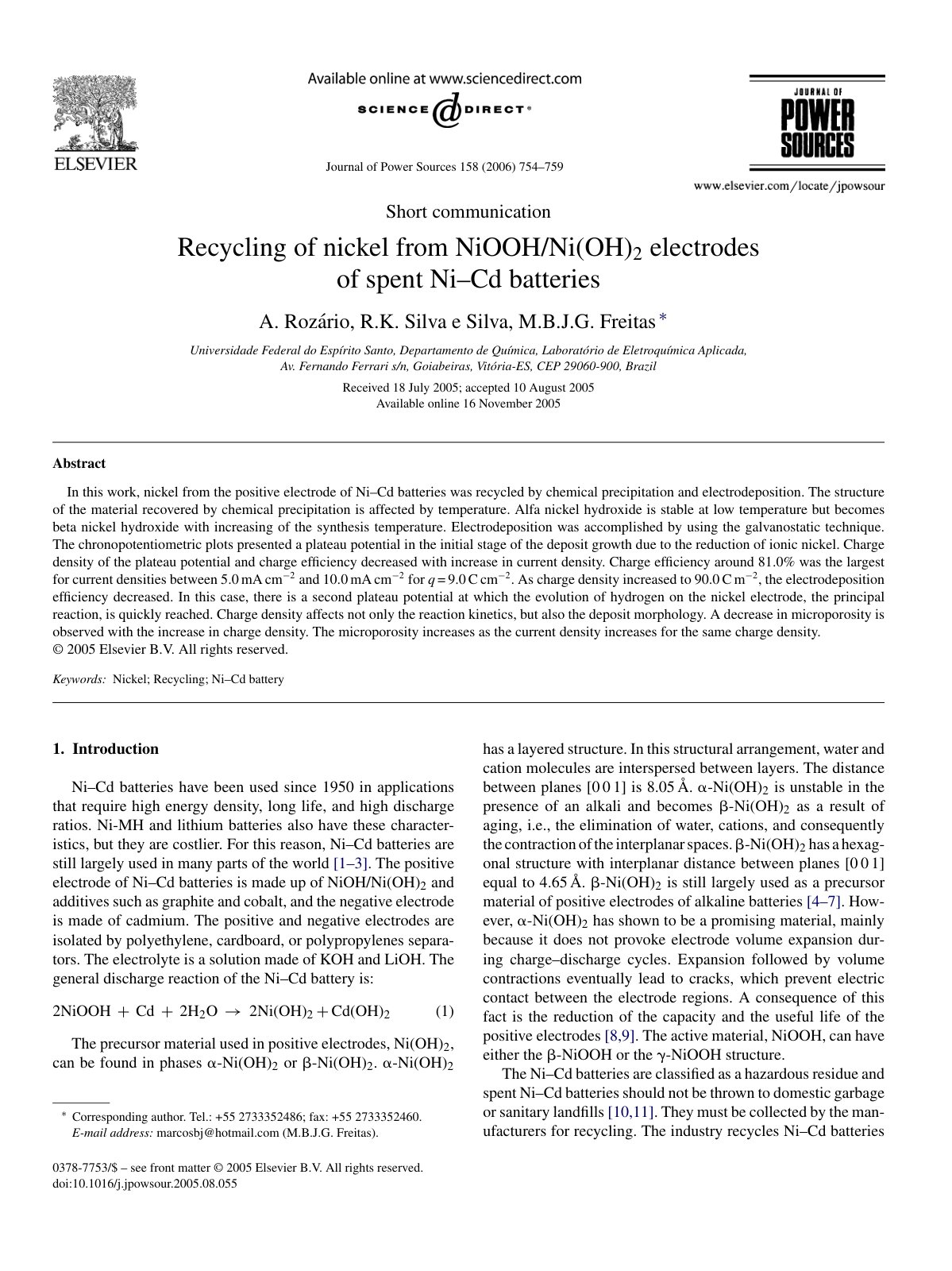 First page of Recycling of nickel from NiOOH Ni OH 2 e
