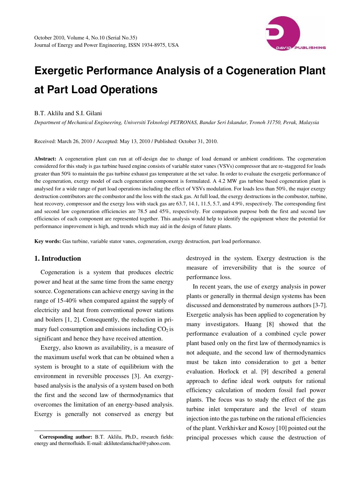 First page of Exergetic Performance Analysis of a Coge