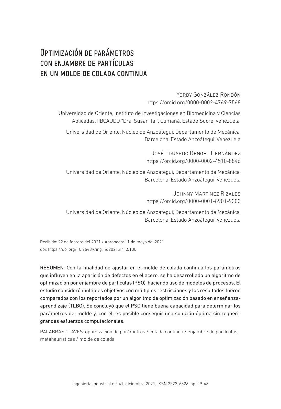 First page of Optimizacion de parametros con enjambre