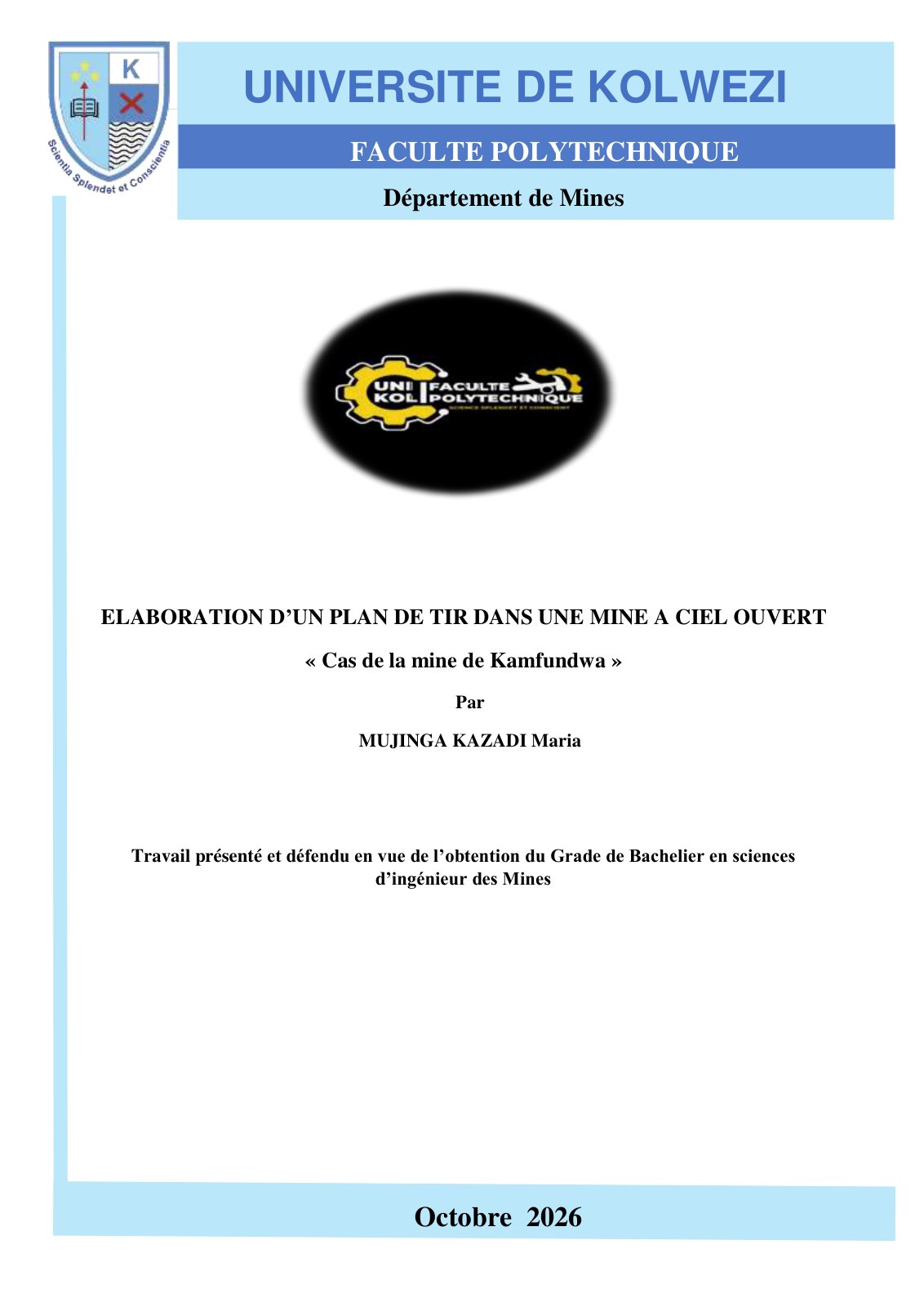 First page of ELABORATION D’UN PLAN DE TIR DANS UNE MINE A CIEL OUVERT « Cas de la mine de Kamfundwa »