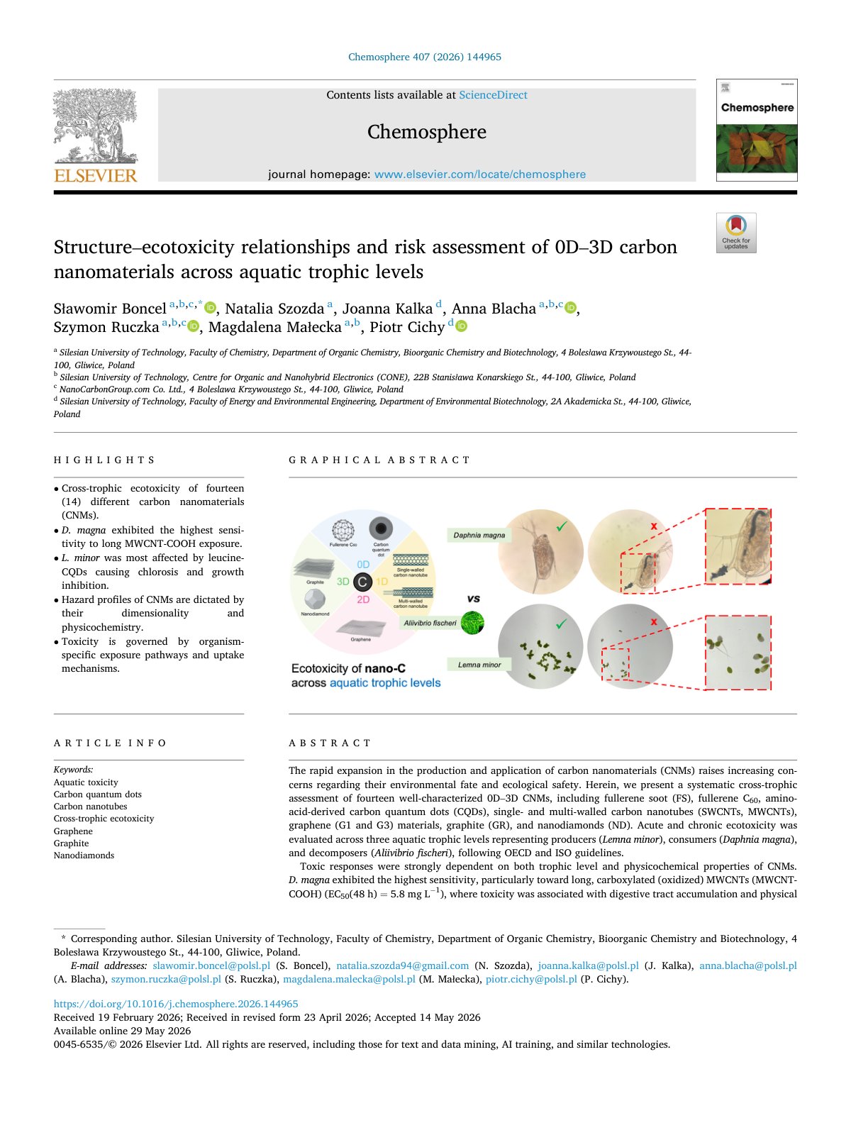 First page of Structure ecotoxicity relationships and risk assessment of 0D 3D 2026 Chemos
