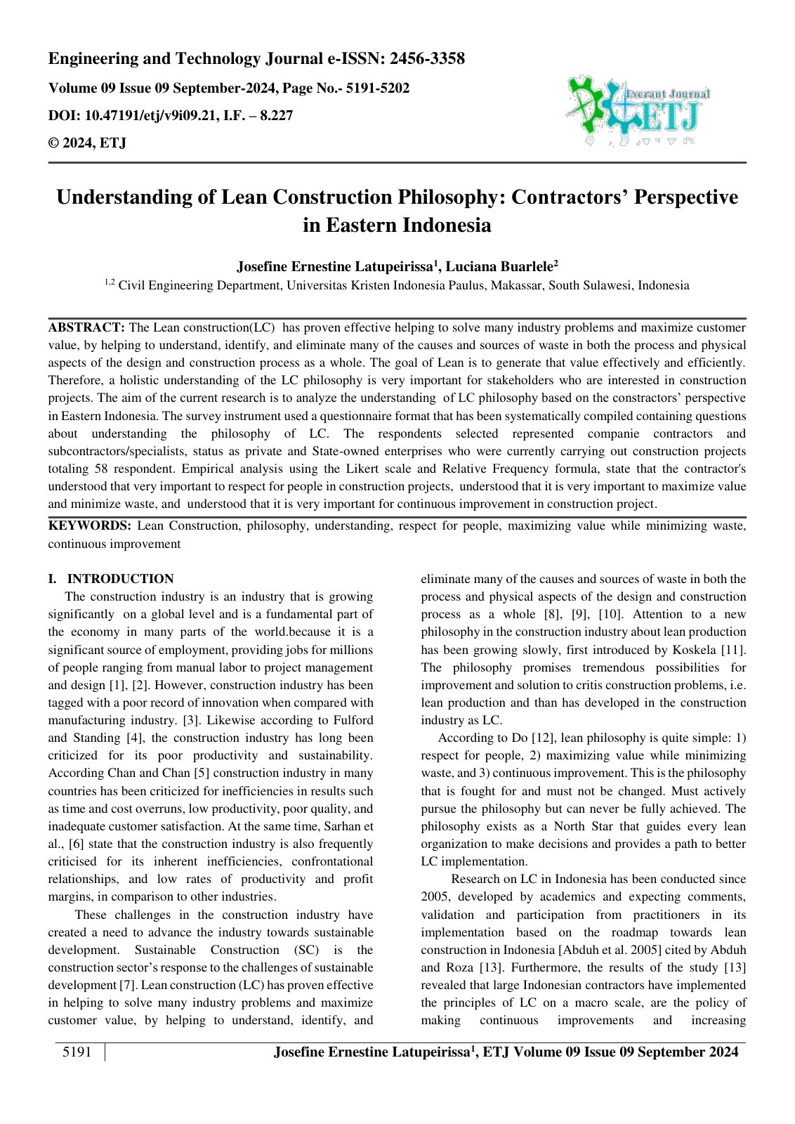 First page of Understanding of Lean Construction Philosophy Contractors’ Perspective 