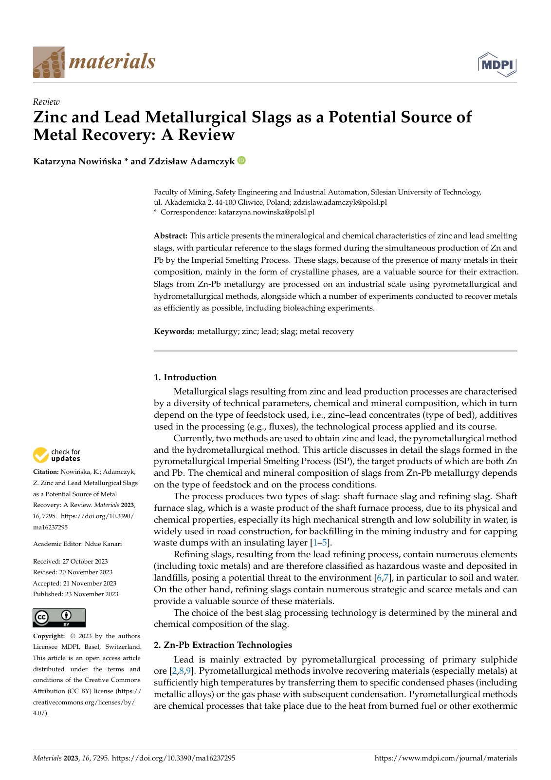 First page of Zinc and Lead Metallurgical Slags as a Potential Source of Metal Recovery: A Review