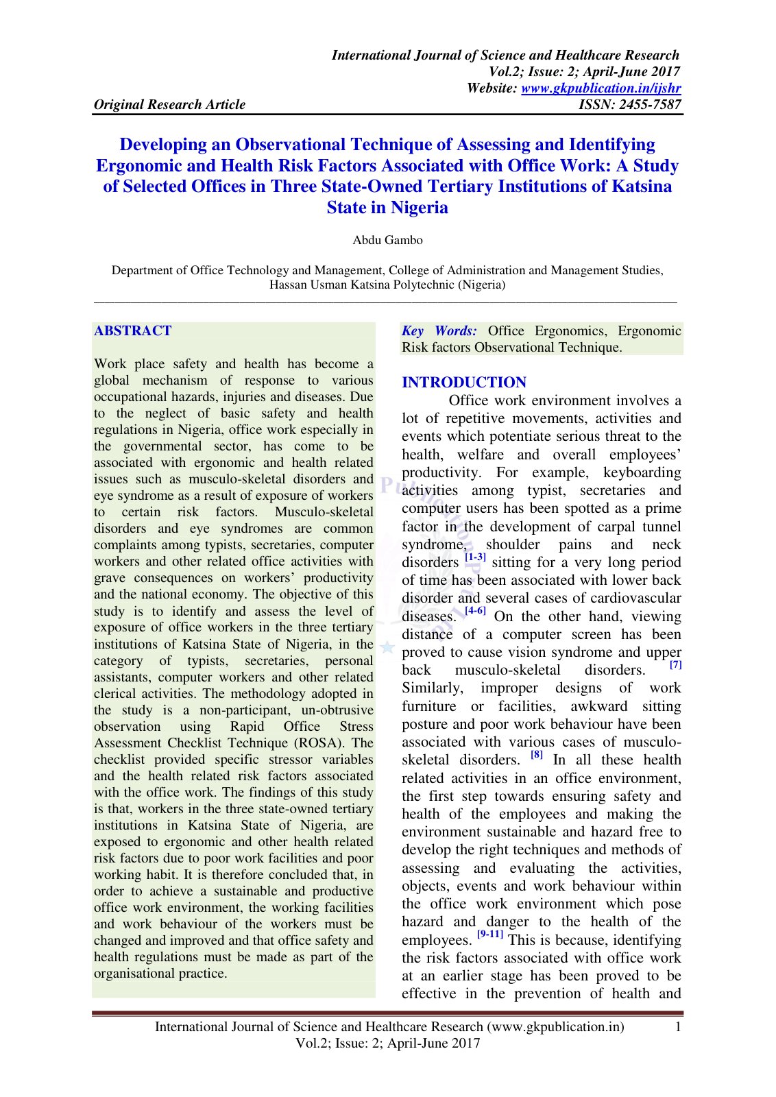 First page of Developing an Observational Technique of Assessing and Identifying Ergonomic and Health Risk Factors Associated with Office Work: A Study of Selected Offices in Three State-Owned Tertiary Institutions of Katsina State in Nigeria