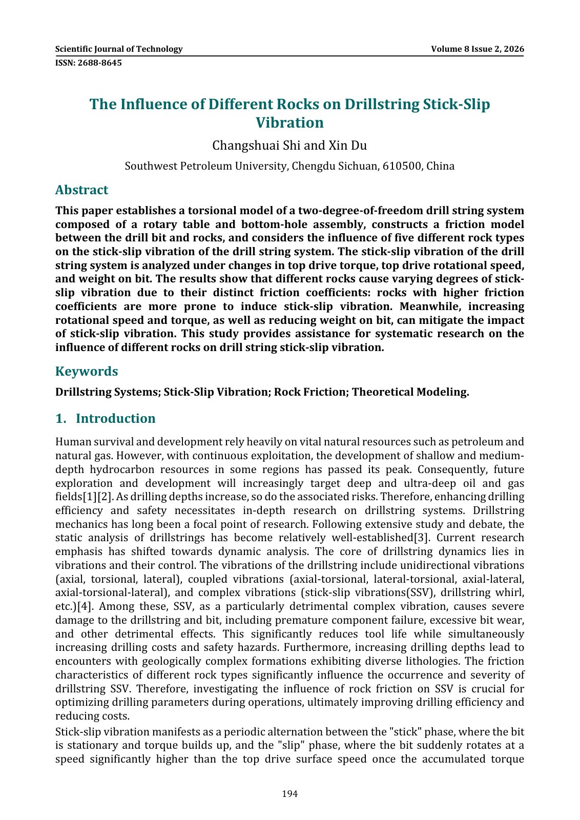 First page of The Influence of Different Rocks on Drillstring St