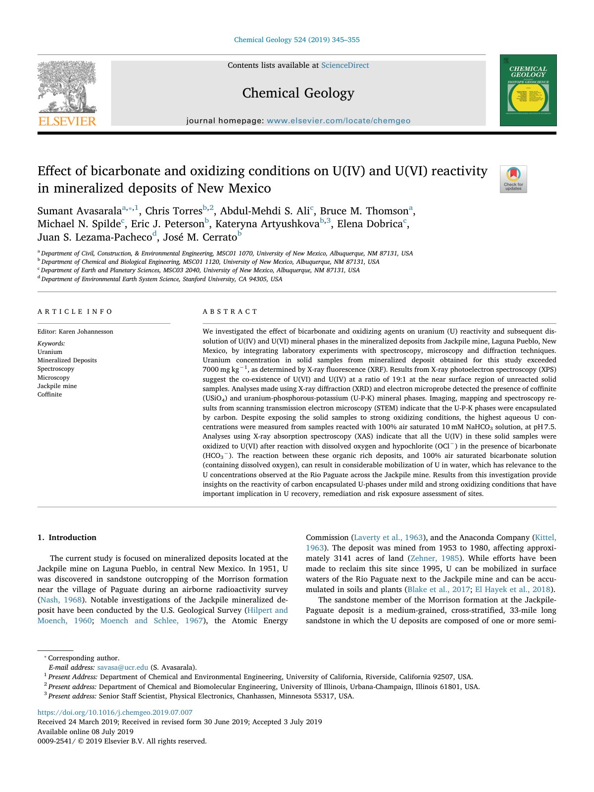 First page of Eﬀect of bicarbonate and oxidizing conditions on U(IV) and U(VI) reactivity in mineralized deposits of New Mexico