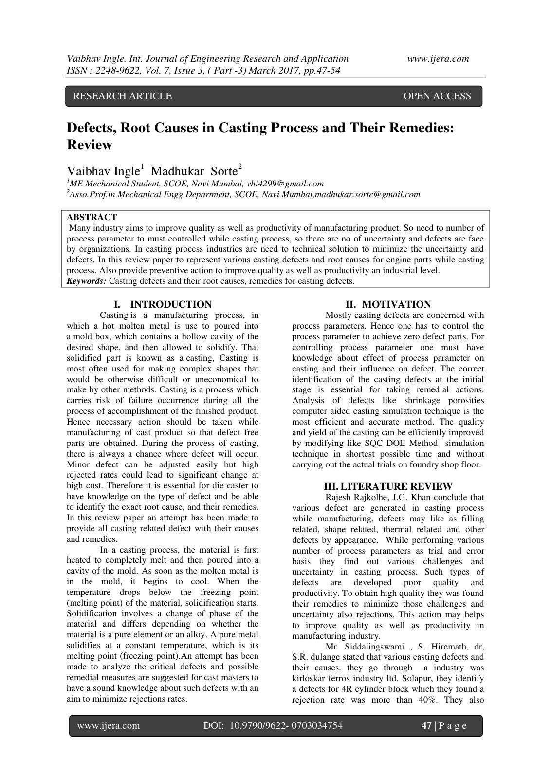 First page of Defects, Root Causes in Casting Process and Their Remedies: Review