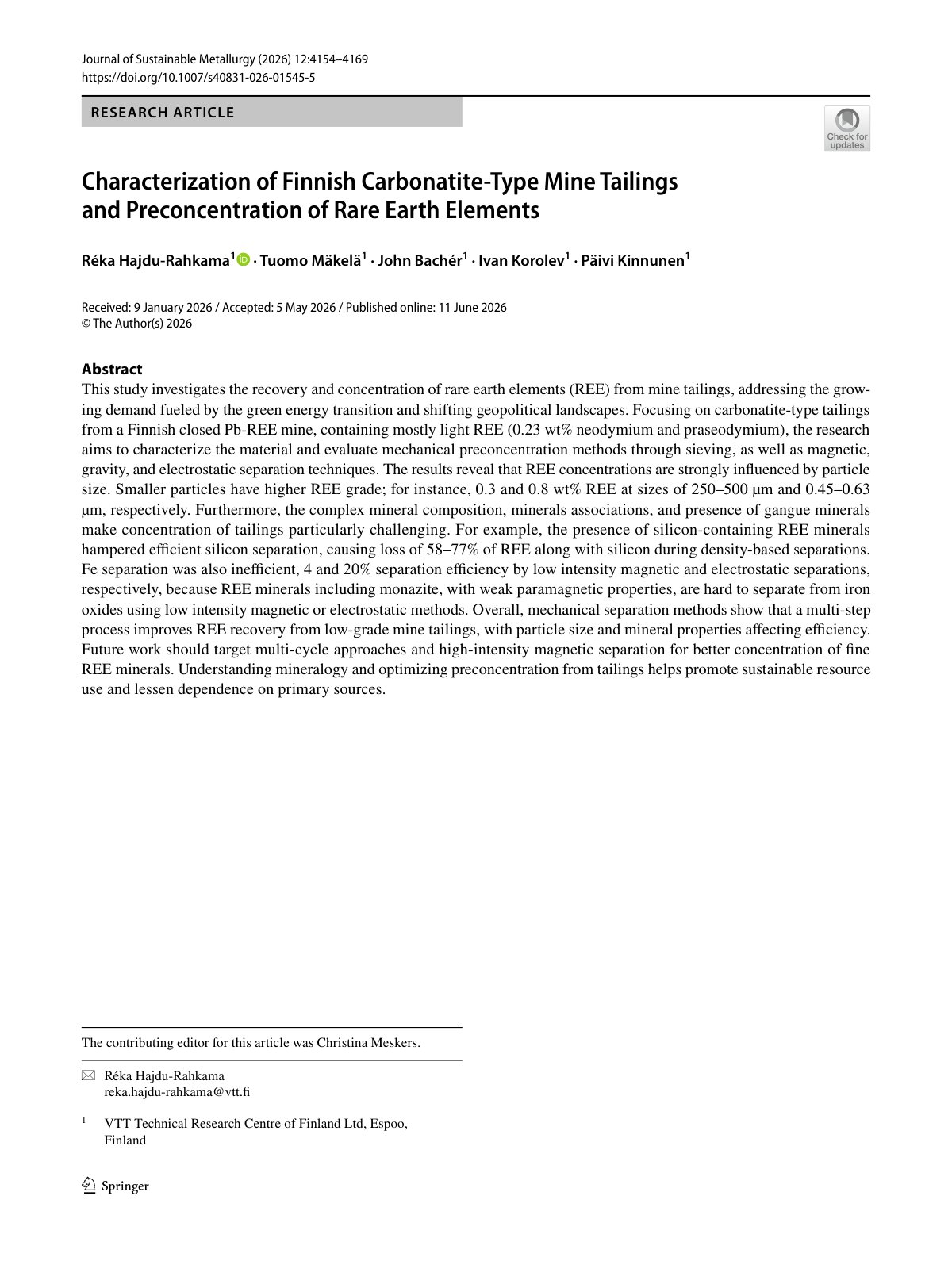 First page of 2026 Hajdu Rahkama Finnish Carbonatite Tailings REE