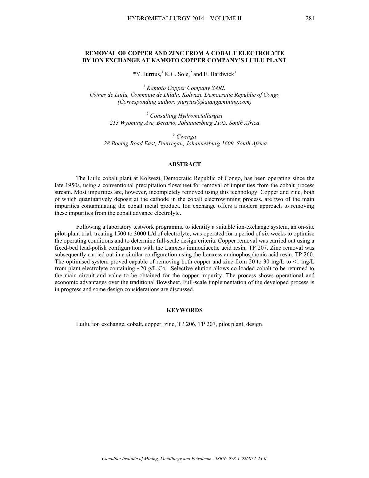 First page of REMOVAL OF COPPER AND ZINC FROM A COBALT ELECTROLYTE BY ION EXCHANGE AT KAMOTO COPPER COMPANY’S LUILU PLANT