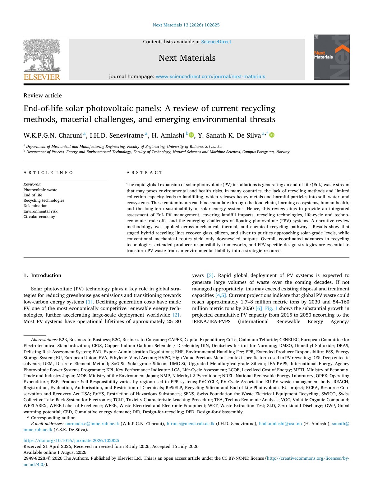 First page of End of life solar photovoltaic panels  A review of current recyc 2026 Next M