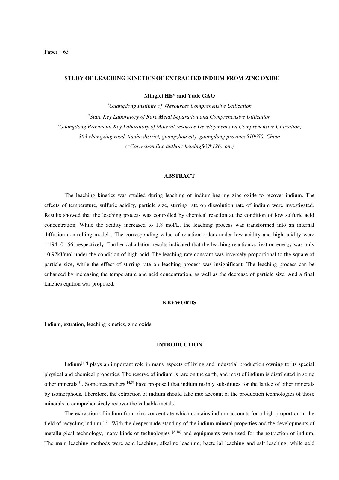 First page of STUDY OF LEACHING KINETICS OF EXTRACTED INDIUM FROM ZINC OXIDE