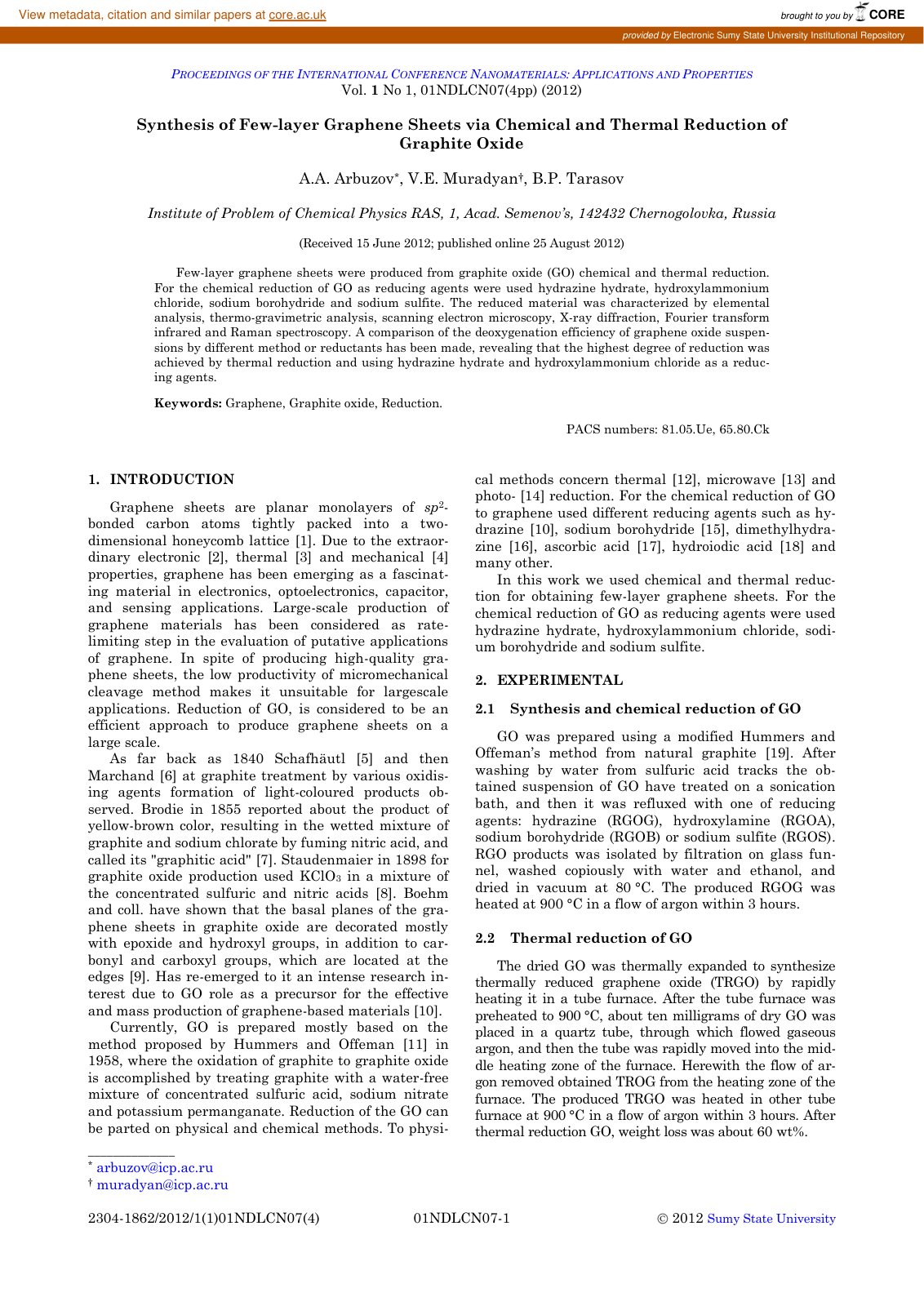 First page of Synthesis of few layer graphene sheets v