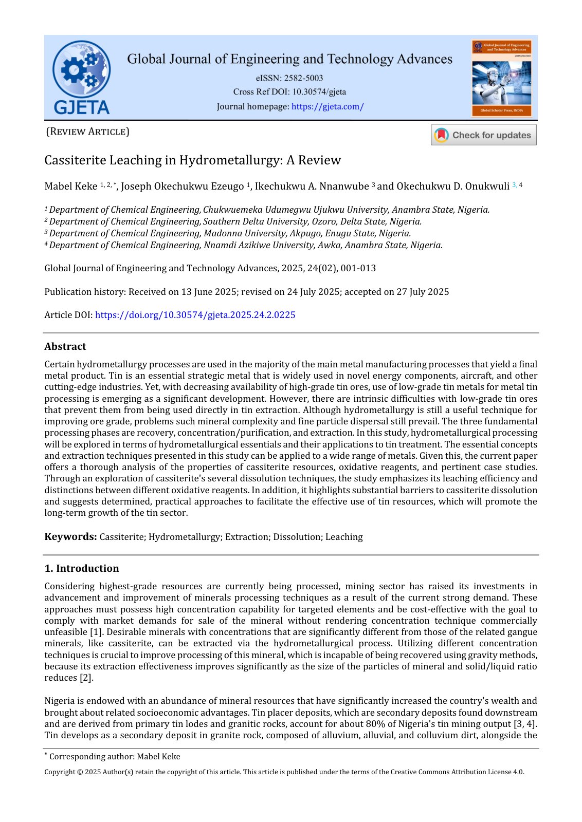 First page of 2025   Keke   Cassiterite leaching in hydrometallurgy review