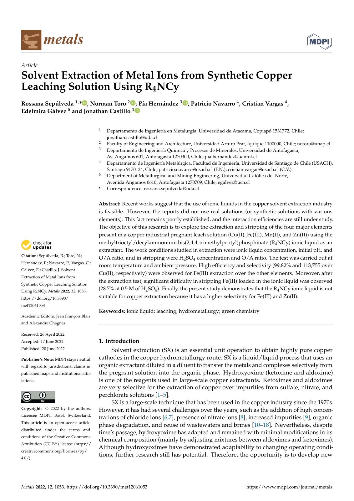 First page of Solvent Extraction of Metal Ions from Synthetic Copper Leaching Solution Using R4NCy
