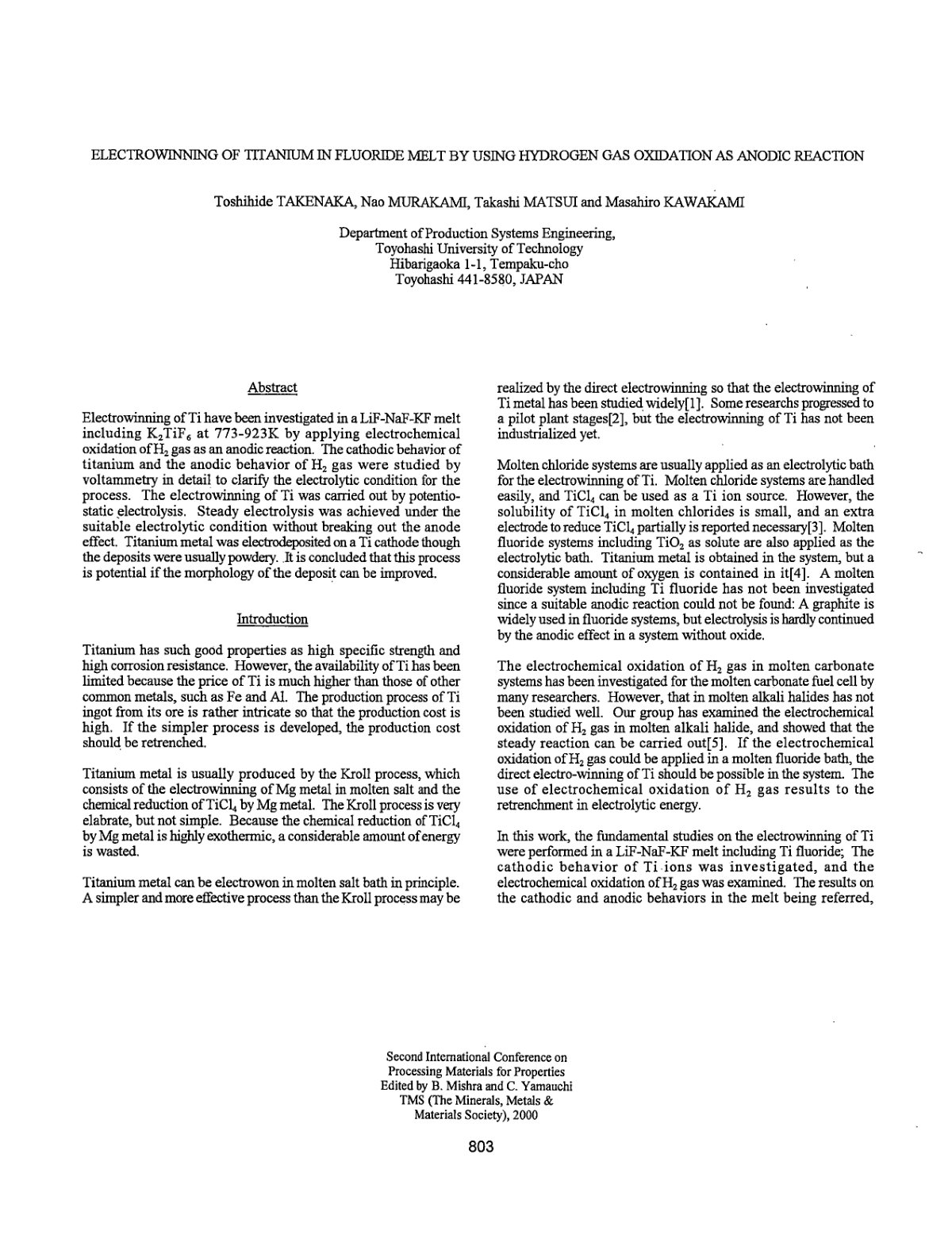 First page of ELECTROWINNING OF TITANIUM IN FLUORIDE MELT BY USING HYDROGEN GAS OXIDATION AS ANODIC REACTION