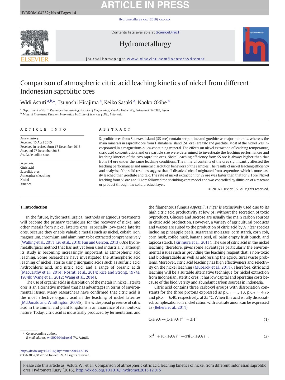 First page of Comparison of atmospheric citric acid leaching kinetics of nickel from different Indonesian saprolitic ores