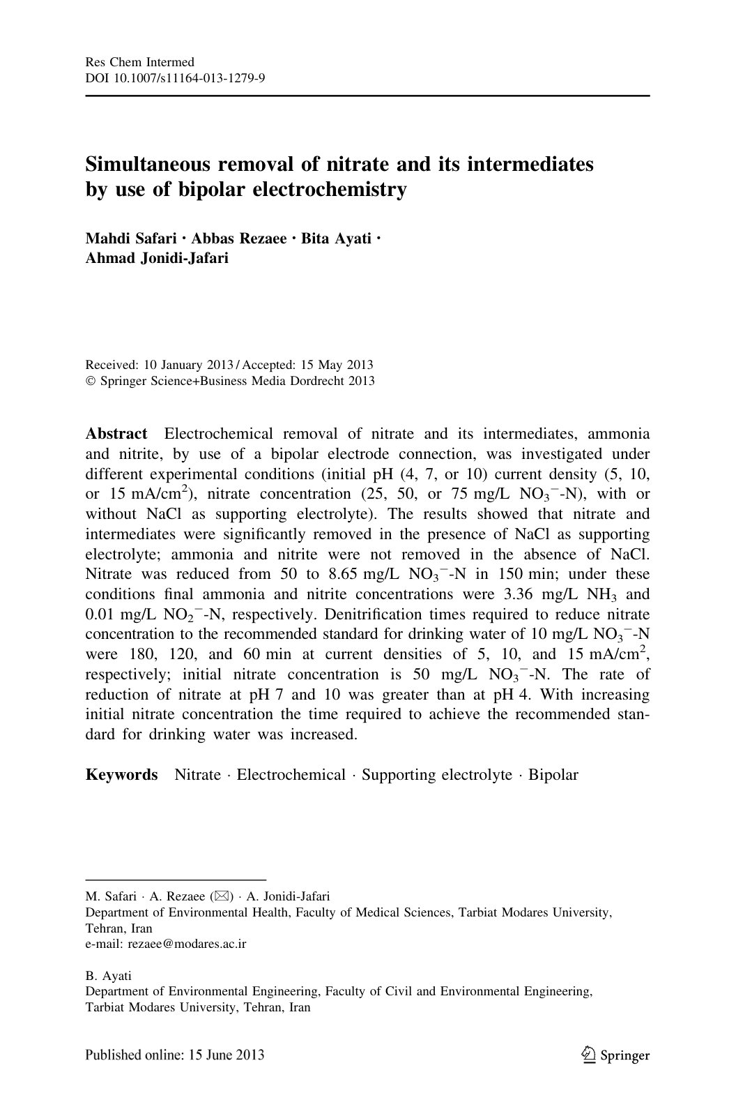First page of Simultaneous removal of nitrate and its intermediates by use of bipolar electrochemistry