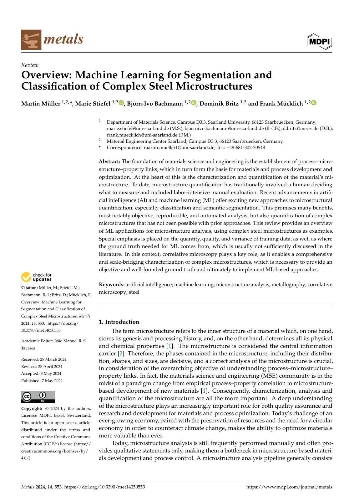 First page of Overview: Machine Learning for Segmentation and Classification of Complex Steel Microstructures