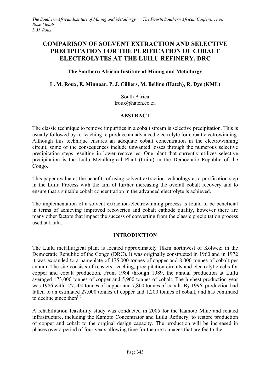 First page of COMPARISON OF SOLVENT EXTRACTION AND SELECTIVE PRECIPITATION FOR THE PURIFICATION OF COBALT ELECTROLYTES AT THE LUILU REFINERY, DRC