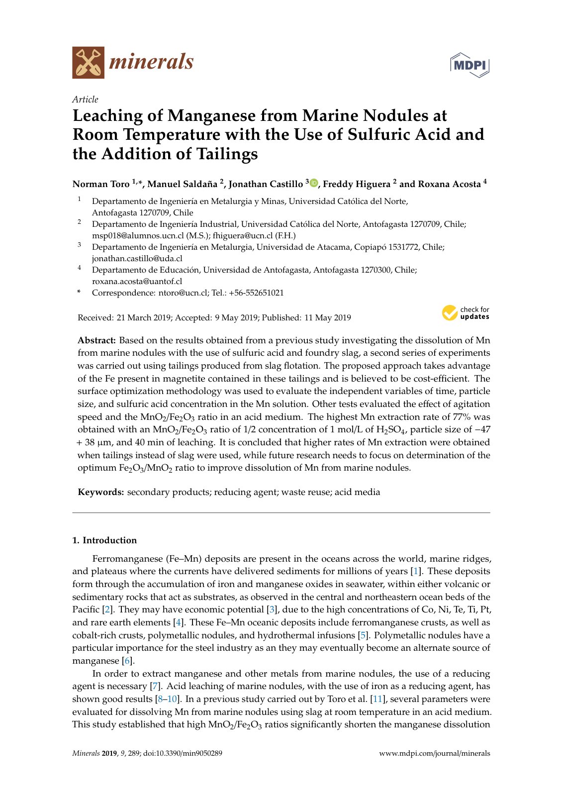 First page of Leaching of Manganese from Marine Nodules at Room Temperature with the Use of Sulfuric Acid and the Addition of Tailings