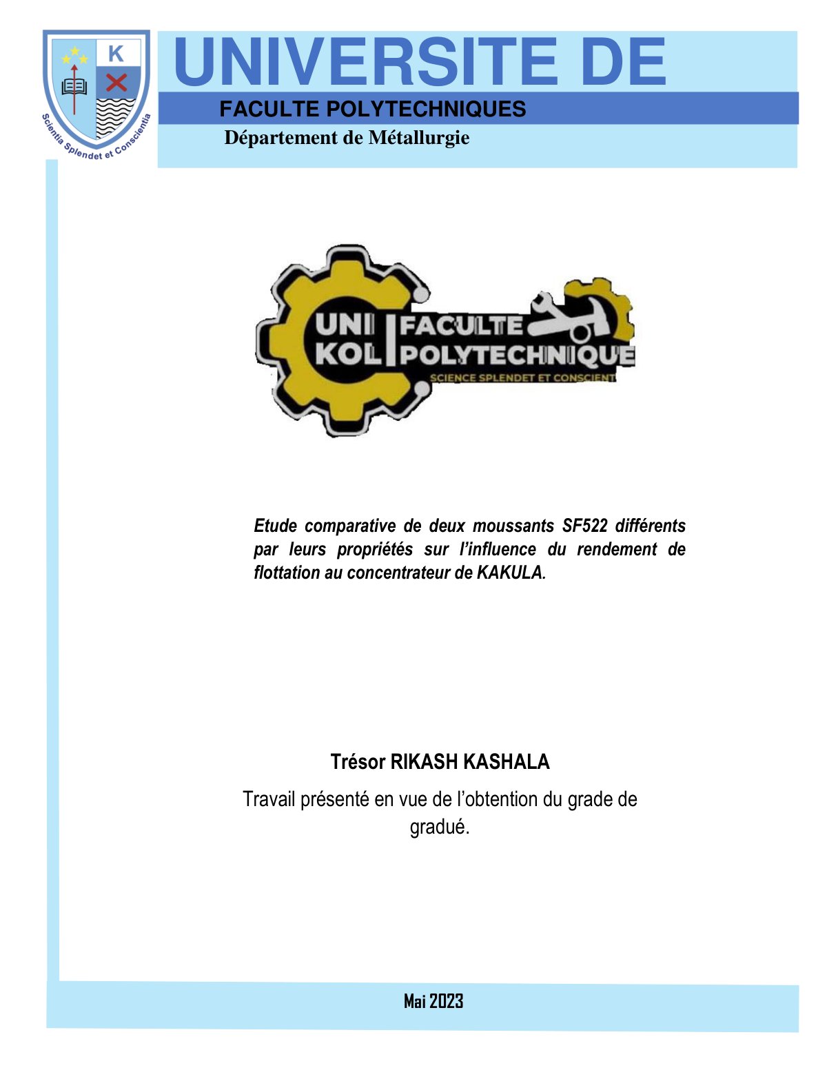 First page of Etude comparative de deux moussants SF522 différents par leurs propriétés sur l’influence du rendement de flottation au concentrateur de KAKULA