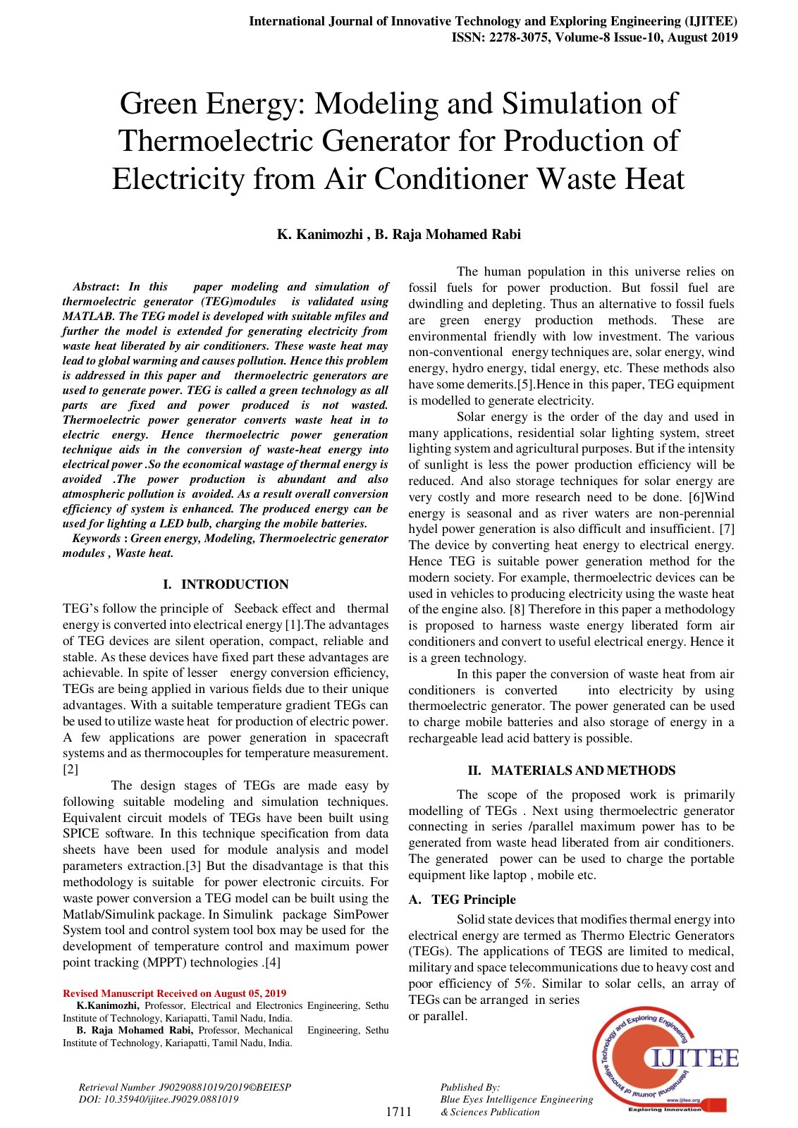 First page of Green Energy Modeling and Simulation of