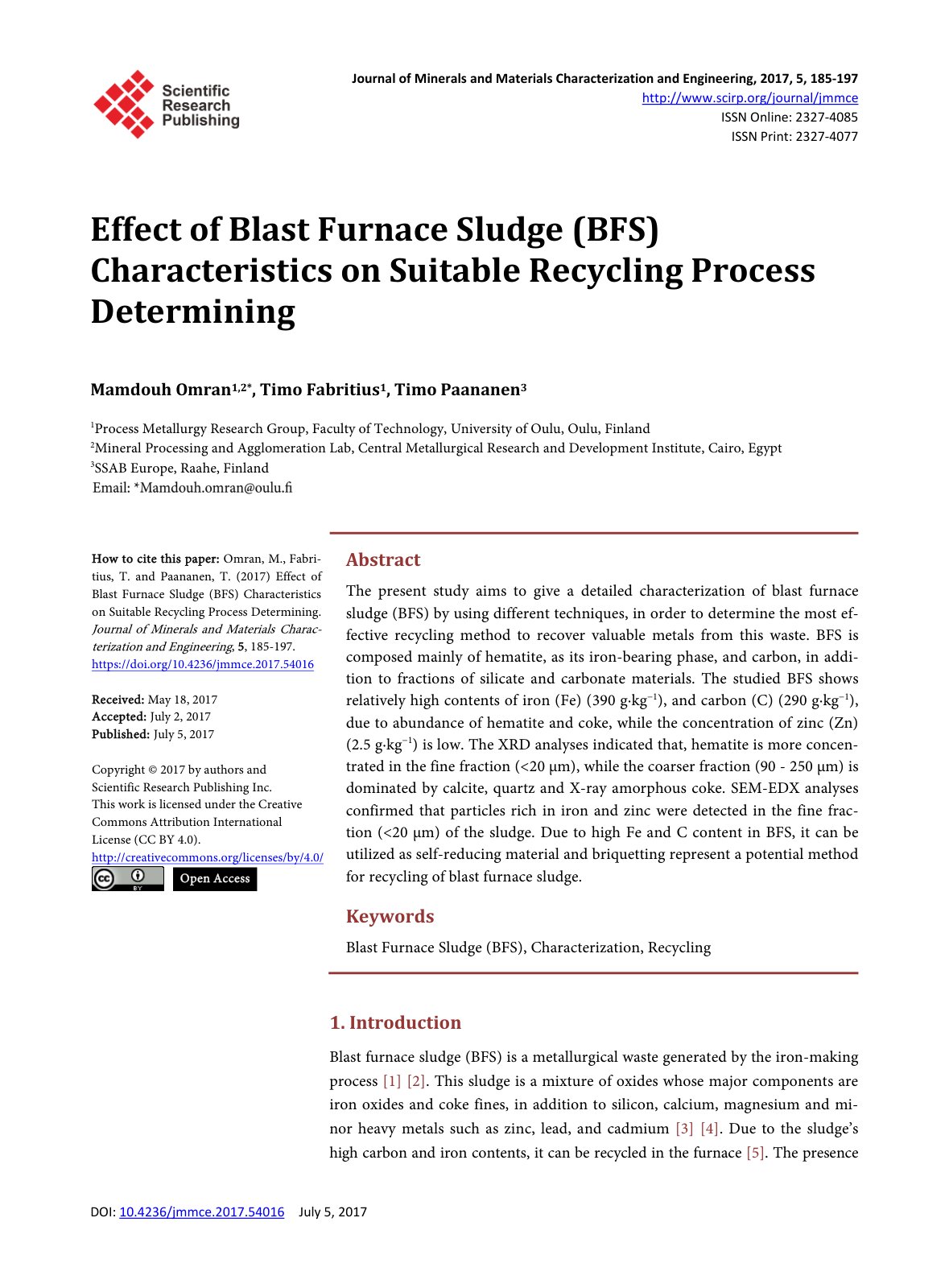 First page of Effect of Blast Furnace Sludge (BFS) Characteristics on Suitable Recycling Process Determining